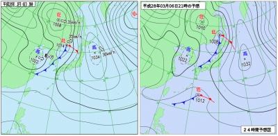 3月6日3時の実況天気図と21時の予想天気図