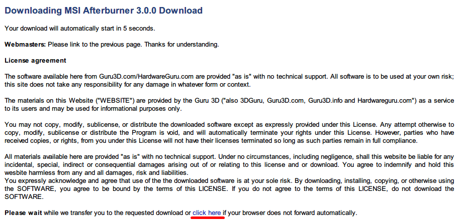 Guru3D.com から MSI Afterburne 3.0.0 ダウンロード、自動的にダウンロードが始まらない場合は 「click here」 をクリック
