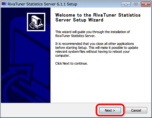 RivaTuner Statistics Server インストール、セットアップ画面 「NEXT」ボタンをクリック
