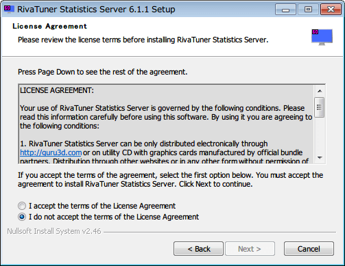RivaTuner Statistics Server インストール、License Agreement 画面
