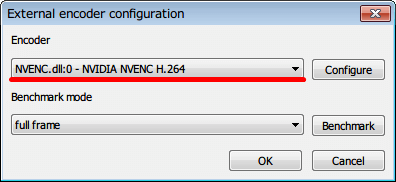 MSI Afterburner 3.0.0 「ビデオキャプチャ」 タブ、「External encoder configuration」 画面 「Encoder」 項目 「NVENC.dll:0 - NVIDIA NVENC H.264」選択