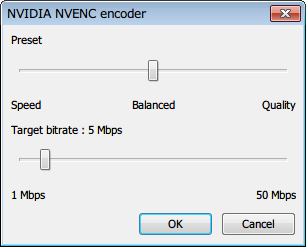 MSI Afterburner 3.0.0 「ビデオキャプチャ」 タブ、「External encoder configuration」 画面 「Encoder」 項目 「NVENC.dll:0 - NVIDIA NVENC H.264」選択、「Configure」 ボタンクリック、「NVIDIA NVENC encoder」 画面