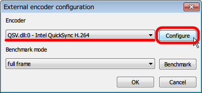 MSI Afterburner 3.0.0 「ビデオキャプチャ」 タブ、「External encoder configuration」 画面 「Encoder」 項目 「QSV.dll:0 - Intel QuickSync H.264」選択、「Configure」 ボタンクリック