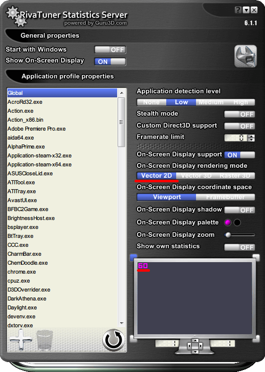 RivaTuner Statistics Server 6.1.1 「On-Screen Display rendering mode」 「Vector 2D」 を選択