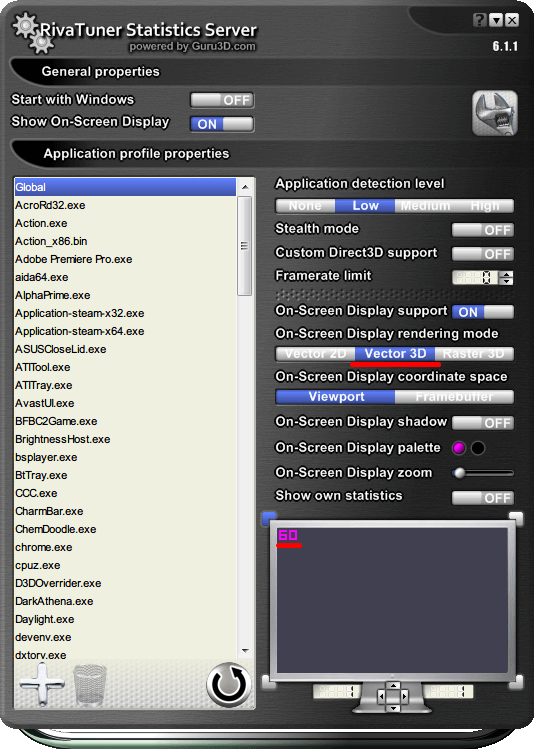 RivaTuner Statistics Server 6.1.1 「On-Screen Display rendering mode」 「Vector 3D」 を選択