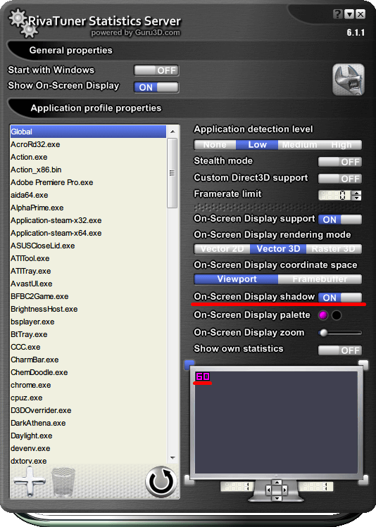 RivaTuner Statistics Server 6.1.1 「On-Screen Display shadow」 を ON にすると、オーバーレイ表示されている文字に影（デフォルトは黒、変更可）がつく