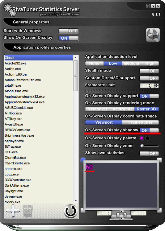 RivaTuner Statistics Server 6.1.1 Raster 3D で 「On-Screen Display shadow」 を ON 設定