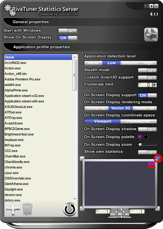 RivaTuner Statistics Server 6.1.1 プレビュー画面の四隅ボタン、クリックで OSD - オンスクリーンディスプレイのオーバーレイ表示位置を変更（画像は右上オーバーレイ表示設定）
