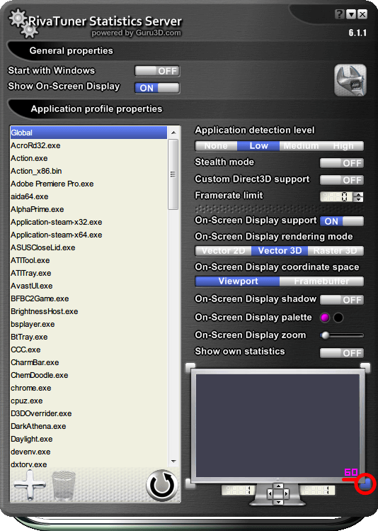 RivaTuner Statistics Server 6.1.1 プレビュー画面の四隅ボタン、クリックで OSD - オンスクリーンディスプレイのオーバーレイ表示位置を変更（画像は右下オーバーレイ表示設定）