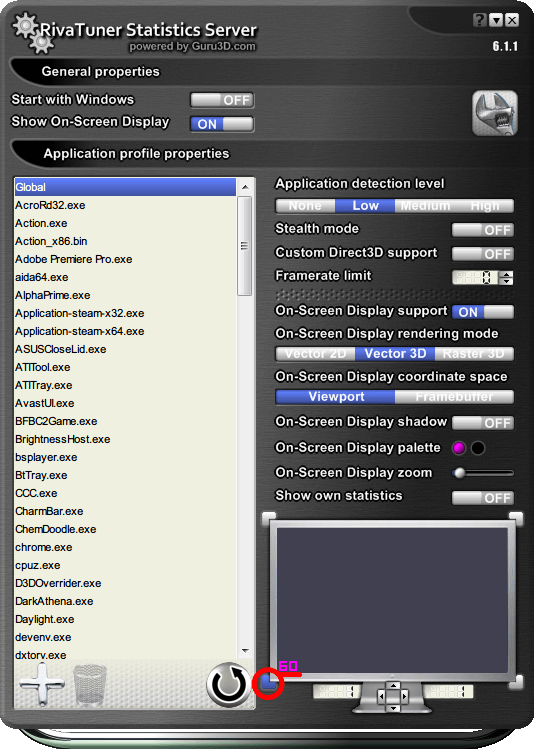 RivaTuner Statistics Server 6.1.1 プレビュー画面の四隅ボタン、クリックで OSD - オンスクリーンディスプレイのオーバーレイ表示位置を変更（画像は左下オーバーレイ表示）