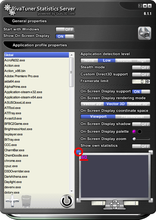 RivaTuner Statistics Server 6.1.1 プレビュー画面の四隅ボタン、クリックで OSD - オンスクリーンディスプレイのオーバーレイ表示位置を変更（画像は左上オーバーレイ表示設定）
