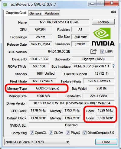 TechPowerUp GPU-Z 0.8.7 GIGABYTE GV-N970G1 GAMING-4GD、Memory Type Elpida、Boost Clock 1329 MHz