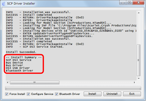 XInput Wrapper for DS3 インストール作業 インストールされた SCP Driver 一覧、Bluetooth Driver が表示されすべてのドライバが無事インストールしたことを確認