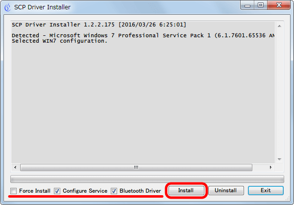 XInput Wrapper for DS3 インストール作業 SCP Driver Installer 画面、Configure Service と Bluetooth Driver にチェックマークが入っていることを確認して Install ボタンをクリック