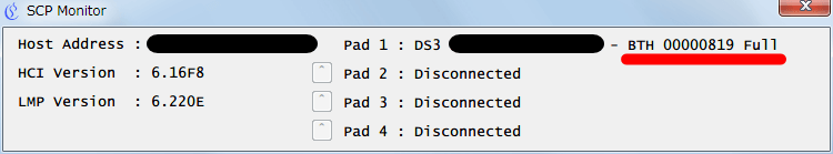 XInput Wrapper for DS3 ScpMonitor.exe を開きタスクトレイのアイコンをクリック時に表示される SCP Monitor 画面、PS3 コントローラー（デュアルショック 3）との接続状態を確認、無線（Bluetooth）で接続している場合は、BTH xxxxxxxx（16進数カウント） Full と表示される