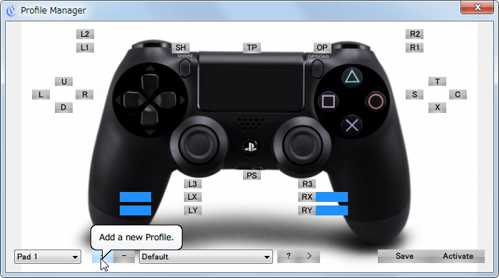 XInput Wrapper for DS3 Profile Manager 画面、新規プロファイル作成 Add a new Profile. ボタンをクリック